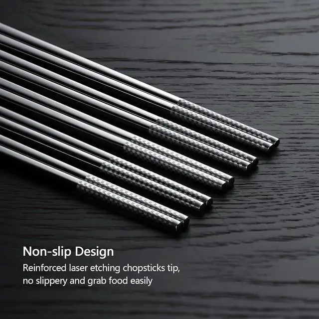 Alt view image 5 of 7 - IQCWOOD 5 Pairs 18/10 Stainless Steel Chopsticks, 9.25 Inches | Reusable Non-Slip Laser Engraved, Metal Chopsticks for Asian Food Sushi Ramen Pho, Dishwasher Safe, Gift Box
