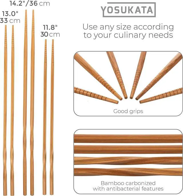 Alt view image 2 of 5 - YOSUKATA Natural Wooden Long Cooking Chopsticks Set of 3 Pairs | 11.8 inch, 13-inch, 14.2 inch Brown Long Wok Wooden Chopsticks Reusable