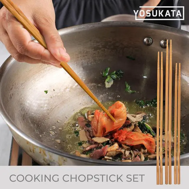 Alt view image 3 of 5 - YOSUKATA Natural Wooden Long Cooking Chopsticks Set of 3 Pairs | 11.8 inch, 13-inch, 14.2 inch Brown Long Wok Wooden Chopsticks Reusable