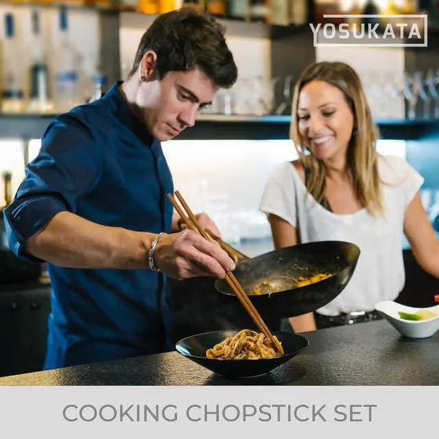 Alt view image 4 of 5 - YOSUKATA Natural Wooden Long Cooking Chopsticks Set of 3 Pairs | 11.8 inch, 13-inch, 14.2 inch Brown Long Wok Wooden Chopsticks Reusable