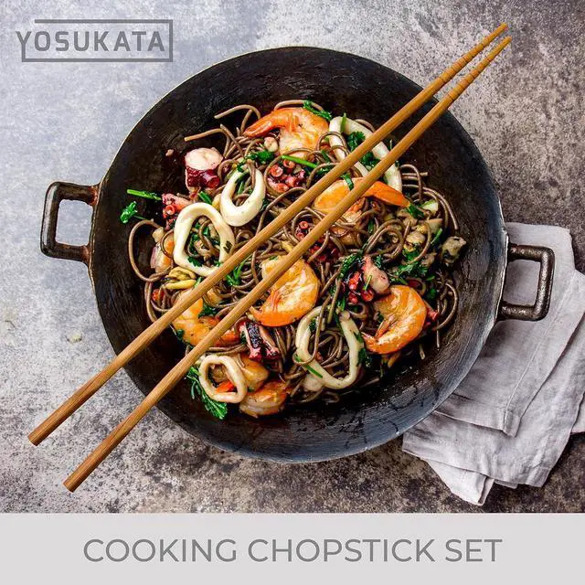 Alt view image 5 of 5 - YOSUKATA Natural Wooden Long Cooking Chopsticks Set of 3 Pairs | 11.8 inch, 13-inch, 14.2 inch Brown Long Wok Wooden Chopsticks Reusable