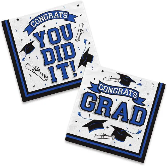 Main image of Graduation Party Supplies Disposable Paper Cocktail Napkins for Graduation Decorations, 80 Packblue and black