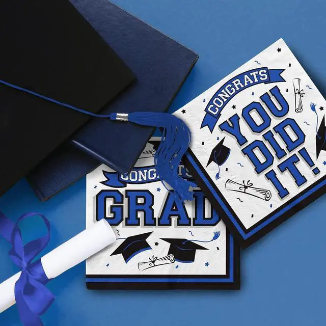 Alt view image 4 of 7 - Graduation Party Supplies Disposable Paper Cocktail Napkins for Graduation Decorations, 80 Packblue and black