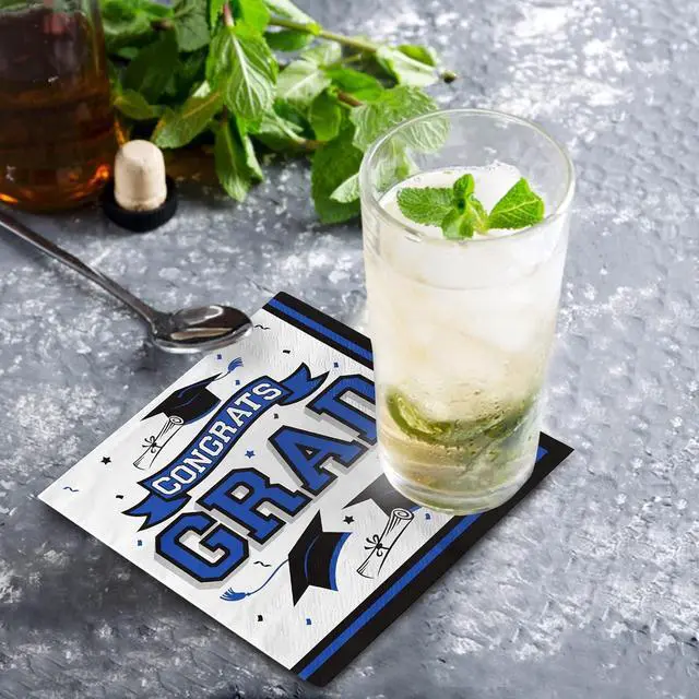 Alt view image 6 of 7 - Graduation Party Supplies Disposable Paper Cocktail Napkins for Graduation Decorations, 80 Packblue and black
