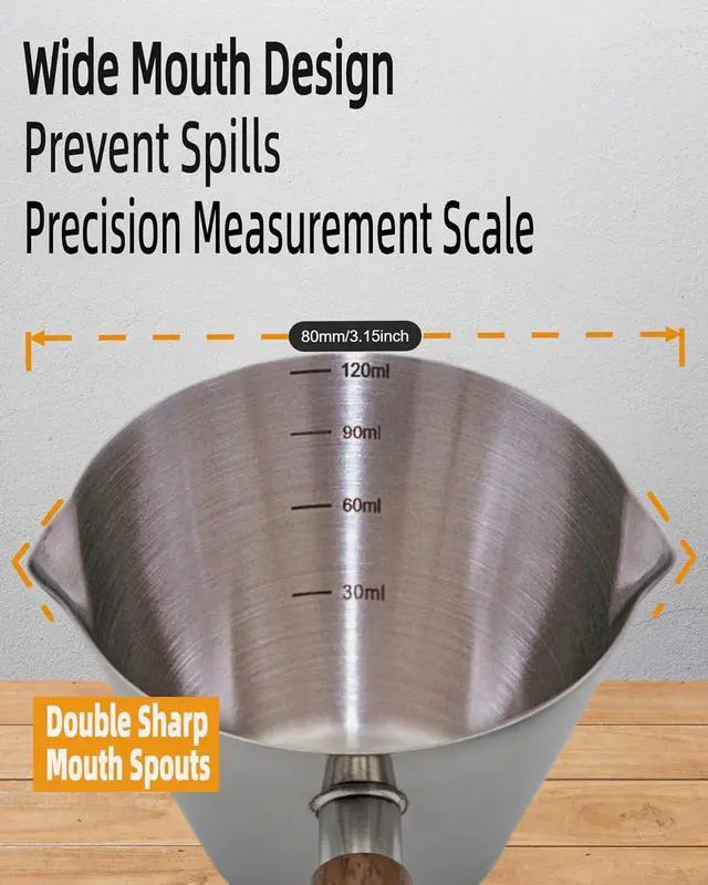 Alt view image 4 of 7 - 4oz Metal Espresso Shot Cups with Wooden Handle, Bright Silver | Espresso Measuring Cups, Double Spouts, Coffee Bar Accessories, Espresso Machine Accessories