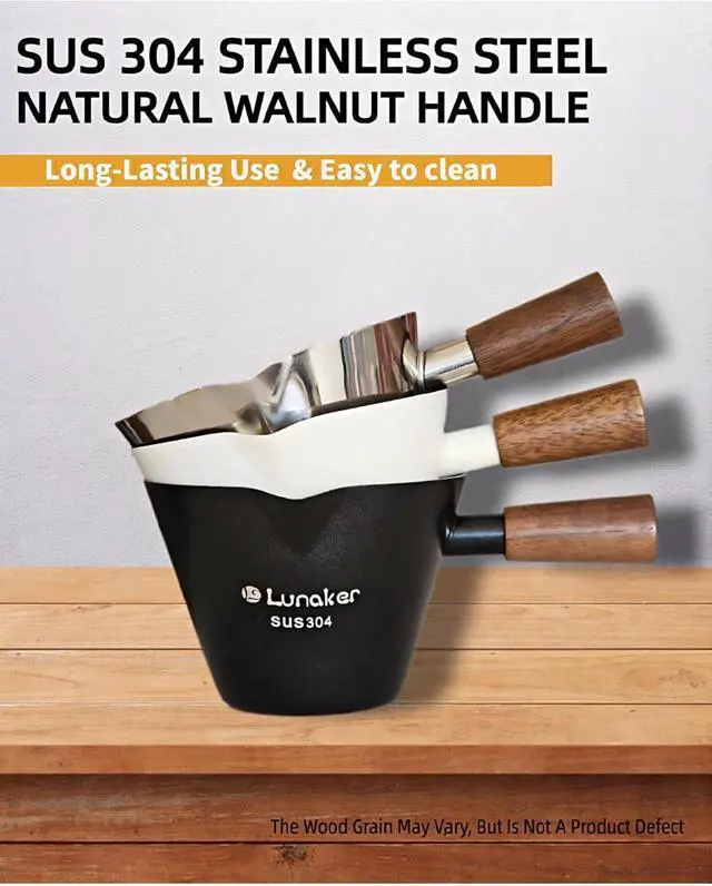Alt view image 5 of 7 - 4oz Metal Espresso Shot Cups with Wooden Handle, Bright Silver | Espresso Measuring Cups, Double Spouts, Coffee Bar Accessories, Espresso Machine Accessories