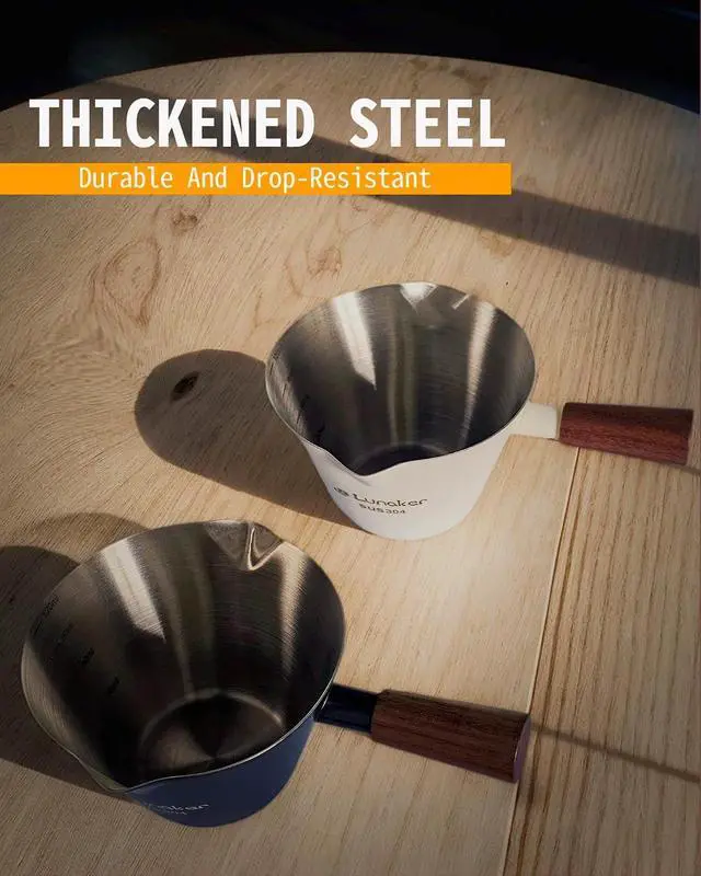 Alt view image 6 of 7 - 4oz Metal Espresso Shot Cups with Wooden Handle, Bright Silver | Espresso Measuring Cups, Double Spouts, Coffee Bar Accessories, Espresso Machine Accessories
