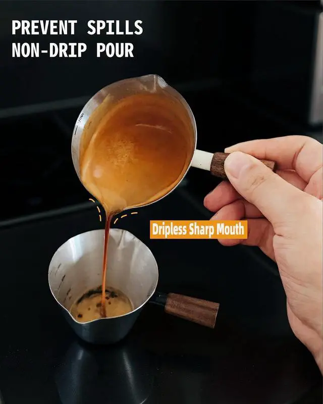 Alt view image 3 of 7 - 4oz Metal Espresso Shot Cups with Wooden Handle, Bright Silver | Espresso Measuring Cups, Double Spouts, Coffee Bar Accessories, Espresso Machine Accessories