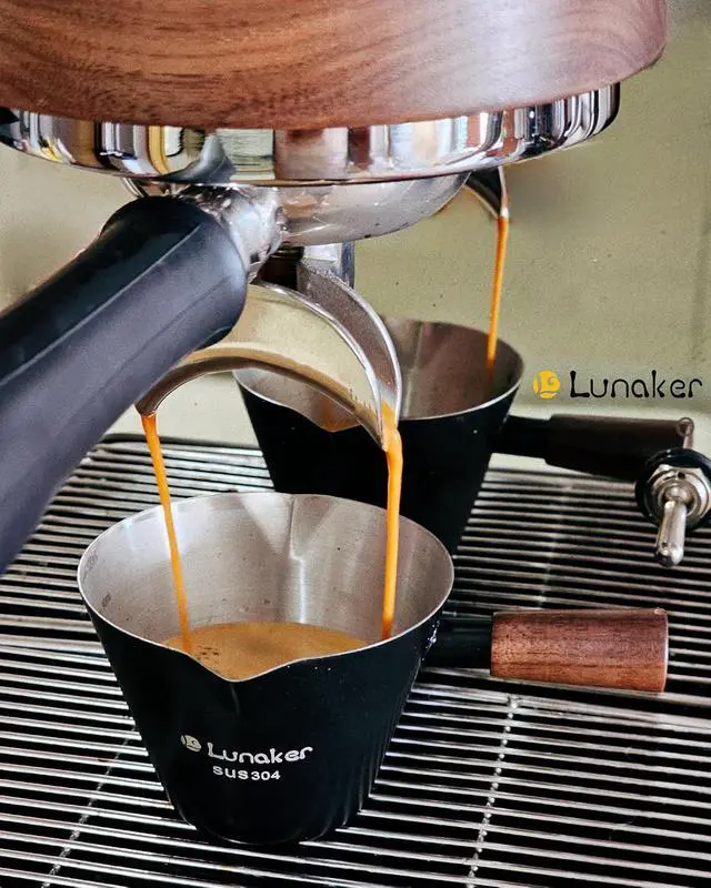 Alt view image 7 of 7 - 4oz Metal Espresso Shot Cups with Wooden Handle, Bright Silver | Espresso Measuring Cups, Double Spouts, Coffee Bar Accessories, Espresso Machine Accessories