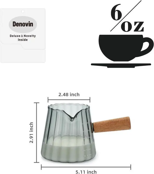 Alt view image 2 of 7 - Glass Measuring Cup, 6oz Creamer Pitcher with Wood Handle | Creative Milk Frothing Pitcher Creamer Shot Glass (Gray