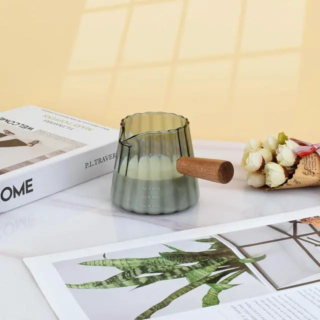 Alt view image 4 of 7 - Glass Measuring Cup, 6oz Creamer Pitcher with Wood Handle | Creative Milk Frothing Pitcher Creamer Shot Glass (Gray