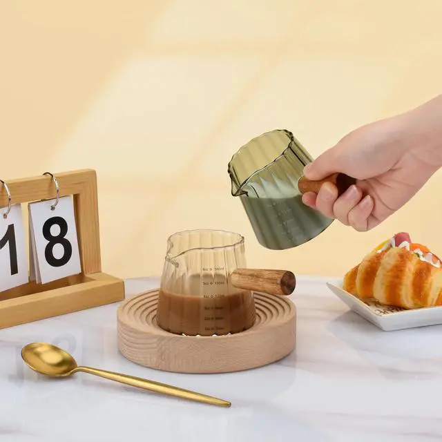 Alt view image 6 of 7 - Glass Measuring Cup, 6oz Creamer Pitcher with Wood Handle | Creative Milk Frothing Pitcher Creamer Shot Glass (Gray