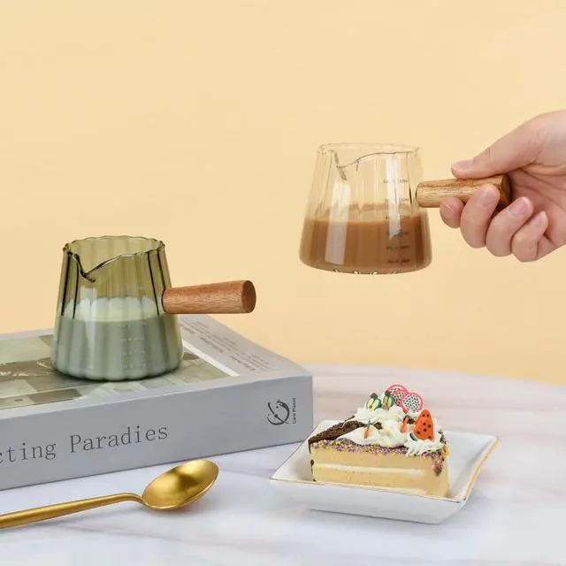 Alt view image 7 of 7 - Glass Measuring Cup, 6oz Creamer Pitcher with Wood Handle | Creative Milk Frothing Pitcher Creamer Shot Glass (Gray