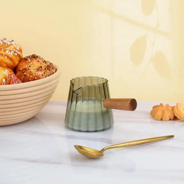 Alt view image 5 of 7 - Glass Measuring Cup, 6oz Creamer Pitcher with Wood Handle | Creative Milk Frothing Pitcher Creamer Shot Glass (Gray