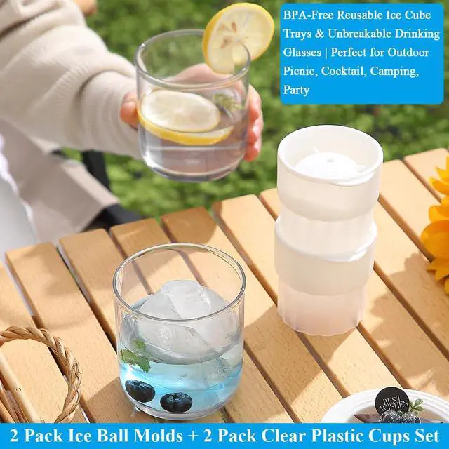 Alt view image 3 of 7 - Berglander Whiskey Glasses Set of 4 (2 Bourbon Glasses, 2 Big Ice Ball Molds) 11.5 oz Reusable PET Clear Plastic Old Fashioned Glasses for Scotch Cocktail Cognac Vodka Liquor Cold Drink, Gifts for Men