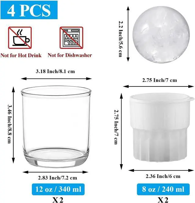 Alt view image 2 of 7 - Berglander Whiskey Glasses Set of 4 (2 Bourbon Glasses, 2 Big Ice Ball Molds) 11.5 oz Reusable PET Clear Plastic Old Fashioned Glasses for Scotch Cocktail Cognac Vodka Liquor Cold Drink, Gifts for Men