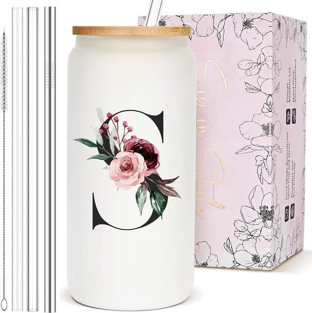 Main image of Customized Personalized Gifts for Women, Cute Initial Glass Cups with Lids and Straws, Letter Iced Coffee Cup, Monogram Drinking Glasses Tumbler Mug, Mothers Day Gifts for Mom Wife Nana Aunt Niece, S