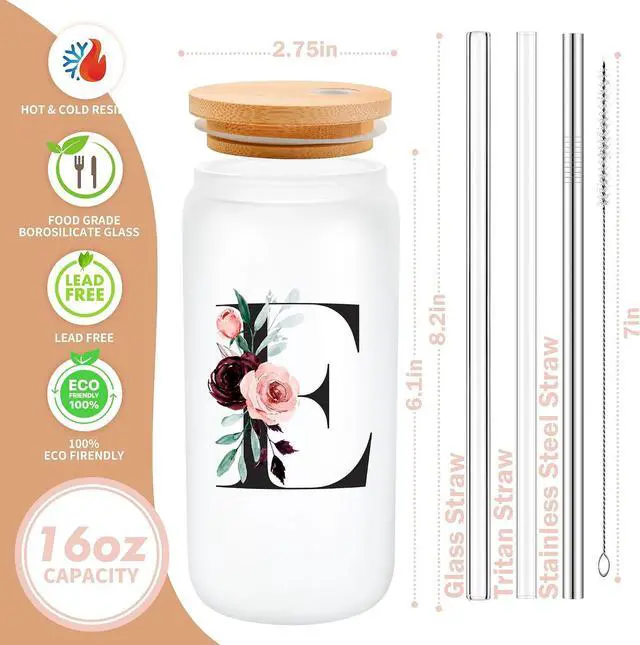 Alt view image 2 of 6 - Customized Personalized Gifts for Women, Cute Initial Glass Cups with Lids and Straws, Letter Iced Coffee Cup, Monogram Drinking Glasses Tumbler Mug, Mothers Day Gifts for Mom Wife Nana Aunt Niece, S