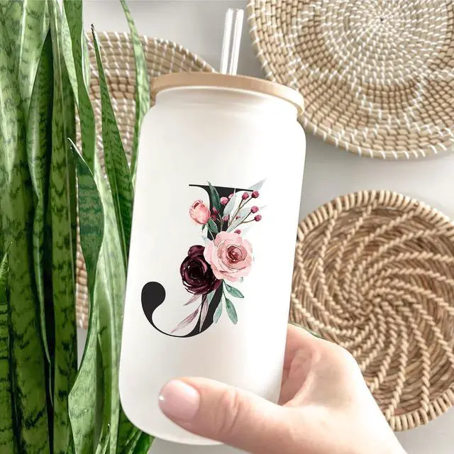 Alt view image 5 of 6 - Customized Personalized Gifts for Women, Cute Initial Glass Cups with Lids and Straws, Letter Iced Coffee Cup, Monogram Drinking Glasses Tumbler Mug, Mothers Day Gifts for Mom Wife Nana Aunt Niece, S