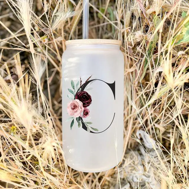 Alt view image 6 of 6 - Customized Personalized Gifts for Women, Cute Initial Glass Cups with Lids and Straws, Letter Iced Coffee Cup, Monogram Drinking Glasses Tumbler Mug, Mothers Day Gifts for Mom Wife Nana Aunt Niece, S