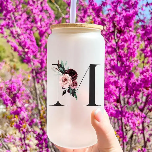 Alt view image 4 of 6 - Customized Personalized Gifts for Women, Cute Initial Glass Cups with Lids and Straws, Letter Iced Coffee Cup, Monogram Drinking Glasses Tumbler Mug, Mothers Day Gifts for Mom Wife Nana Aunt Niece, S