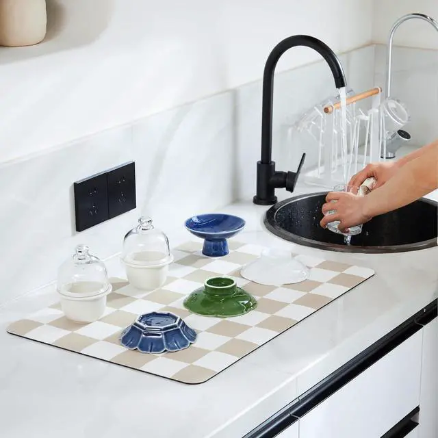 Alt view image 2 of 7 - Ohocut Checkered Dish Drying Mat for Kitchen Counter, Coffee Bar Station Accessories, Retro Cute Aesthetic Modern Absorbent Drainer Mat Kitchen Drying Mat Easy Clean, Beige 12" x 19"