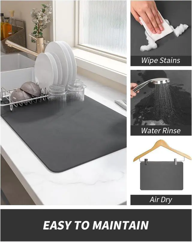 Alt view image 4 of 7 - AMOAMI Coffee Mat Dish Drying Mat for Kitchen Counter-Bar Accessories, Hide Stain, Rubber Backed, Absorbent, Fit Under Coffee Maker, Espresso Machine, Pot, Dish Rack, 12"x19", Dark Grey