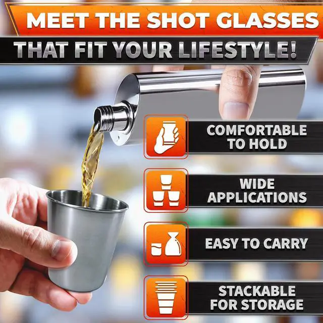 Alt view image 4 of 7 - Reusable Shot Glasses, 8 Pack, 2.37 oz, Stainless Steel, Polished Finish | Shot Glasses Reusable; Unbreakable Stackable Drinkware for Whiskey, Vodka & Tequila; for Home Bar, Camping & Travel