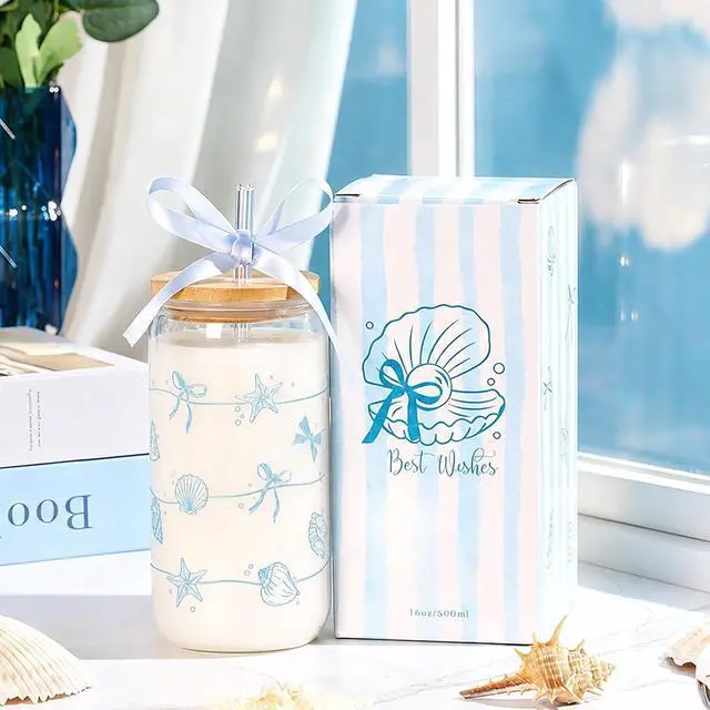 Alt view image 2 of 7 - Beach Gifts for Women, Ocean Sea Glass Cup with Lid and Straw | Coffee Cup Tumbler Summer Beachy Stuff for Women Teen Girls Mom Wife Birthday Thanksgiving Wedding Bridal Shower 16oz