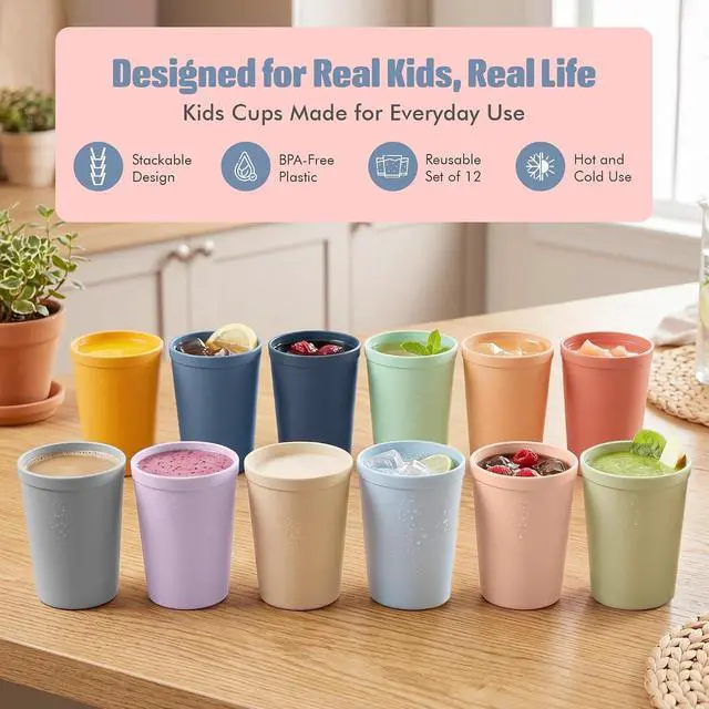 Alt view image 2 of 7 - MASTERCOOK 12 Pcs. Small Reusable Cups 8 oz Unbreakable Drinking Glasses -Toddler Cups for Water, Juice, MilkBPA Free Stackable Tumblers Plastic Cup set for Kitchen, Picnics, Parties- Kid-Friendly