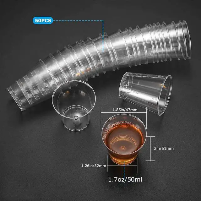 Alt view image 7 of 7 - TuTuYa 50 Pack Shot Cups Plastic, 1.7oz Hard Thicked Plastic Shot Glasses | 50ml Clear Reusable Shot Glasses Plastic Fit for Birthday, Wedding, Festival, Party