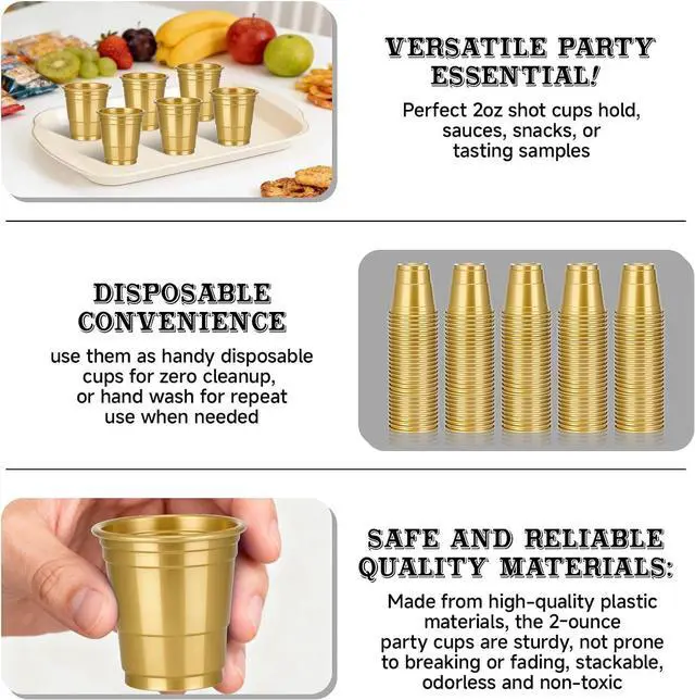 Alt view image 3 of 7 - 100 Pack 2oz Gold Plastic Shot Glasses - Easter Graduation Mother's Day Party Cups Disposable Supplies