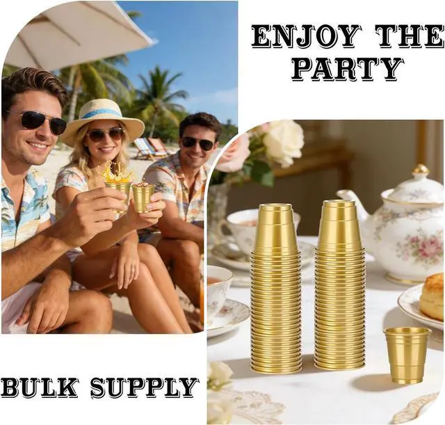 Alt view image 5 of 7 - 100 Pack 2oz Gold Plastic Shot Glasses - Easter Graduation Mother's Day Party Cups Disposable Supplies