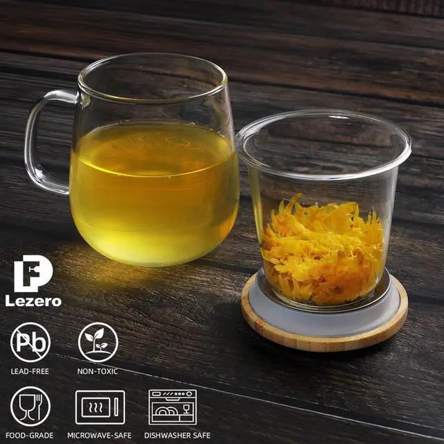 Alt view image 2 of 7 - 15oz Clear Glass Tea Cup with Infuser and Lid for Blooming & Loose Leaf Tea | with Handle, Borosilicate, Heat Resistance, Lead-free, Microwave & Dishwasher Safe, Gifts Box Include, A