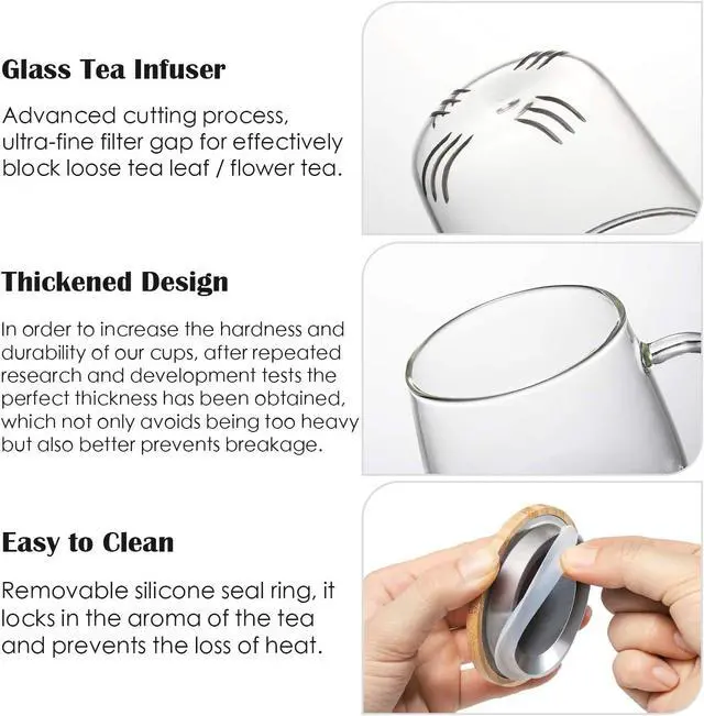 Alt view image 4 of 7 - 15oz Clear Glass Tea Cup with Infuser and Lid for Blooming & Loose Leaf Tea | with Handle, Borosilicate, Heat Resistance, Lead-free, Microwave & Dishwasher Safe, Gifts Box Include, A