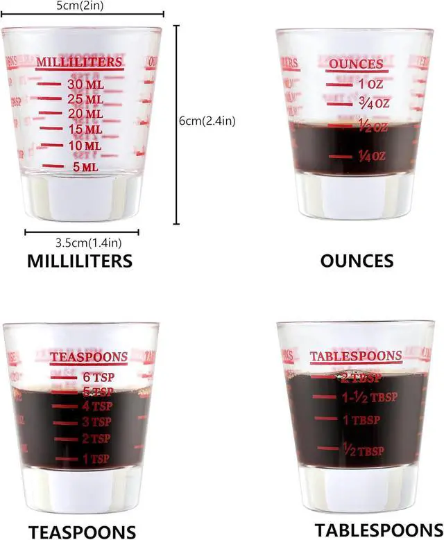 Alt view image 2 of 7 - 4 Pack Shot Glass Measuring Cups, Four Units of Measure for Liquor | 1 oz, 2 Tbs, 6 Tsp, 30 ml, Thick Base and Smooth Edge, Easy Cleaning, Easy to Read, for Espresso and Kitchen