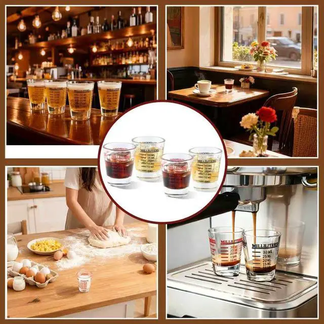 Alt view image 4 of 7 - 4 Pack Shot Glass Measuring Cups, Four Units of Measure for Liquor | 1 oz, 2 Tbs, 6 Tsp, 30 ml, Thick Base and Smooth Edge, Easy Cleaning, Easy to Read, for Espresso and Kitchen