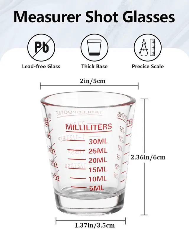 Alt view image 2 of 7 - Shot Glasses Measuring Cup 2PACK Espresso Shot Glass Liquid Heavy Wine | 26-Incremental Measurement 1 OZ, 2 TBS, 6 TSP, 30 ML, Red Kitchen Tools for Cocktails, Cooking and Baking