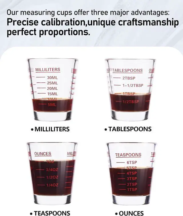 Alt view image 3 of 7 - Shot Glasses Measuring Cup 2PACK Espresso Shot Glass Liquid Heavy Wine | 26-Incremental Measurement 1 OZ, 2 TBS, 6 TSP, 30 ML, Red Kitchen Tools for Cocktails, Cooking and Baking