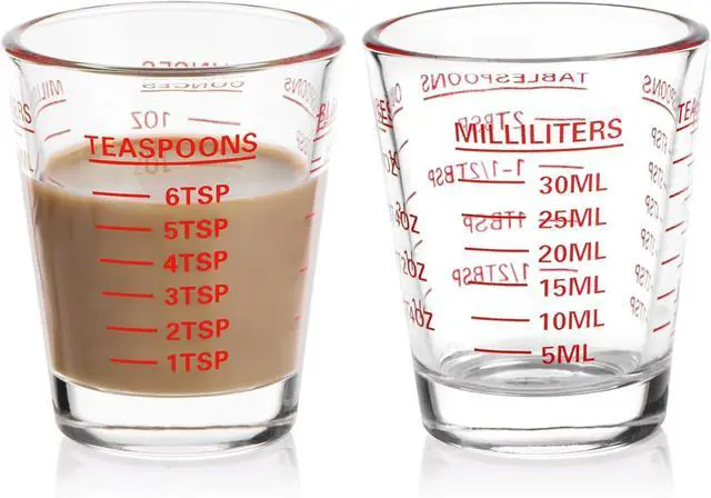 Alt view image 7 of 7 - Shot Glasses Measuring Cup 2PACK Espresso Shot Glass Liquid Heavy Wine | 26-Incremental Measurement 1 OZ, 2 TBS, 6 TSP, 30 ML, Red Kitchen Tools for Cocktails, Cooking and Baking
