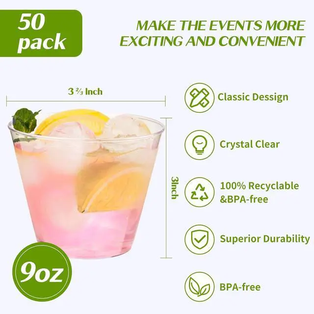 Alt view image 6 of 6 - RACETOP 9 oz Clear Disposable Plastic Cups 50 Pack | Clear Plastic Cups Tumblers, Heavy-duty Party Glasses, Disposable Cups