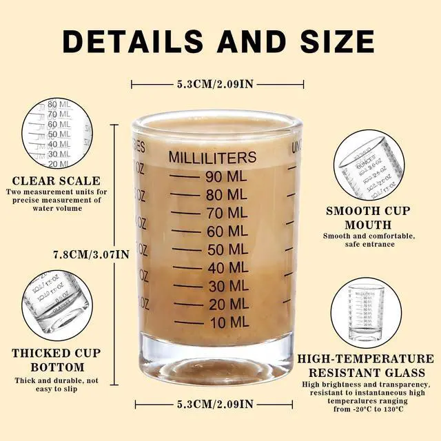 Alt view image 2 of 7 - GLASKEY 2 Pack Shot Glass Measuring Cup Set,3 oz/90ML Liquid Heavy High Espresso Glass Cup,Dishwasher Safe,Measurement of Dry and Liquid Ingredients (Black)