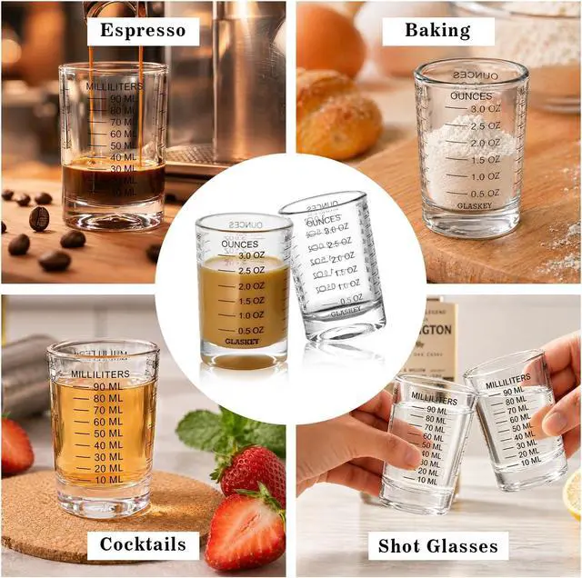 Alt view image 5 of 7 - GLASKEY 2 Pack Shot Glass Measuring Cup Set,3 oz/90ML Liquid Heavy High Espresso Glass Cup,Dishwasher Safe,Measurement of Dry and Liquid Ingredients (Black)