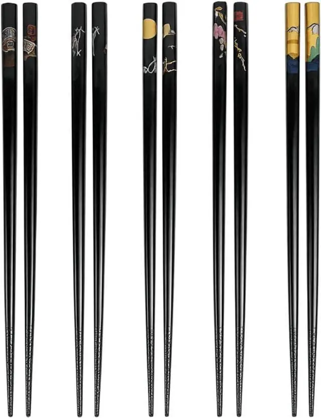 Main image of Bamboo Chopsticks Set, Japanese Reusable Wooden Chopsticks with Traditional Pattern Designs, Non Slip Tips Dishwasher Safe Asian Chopsticks for Sushi Ramen Noodles Rice Dining (1, Black)