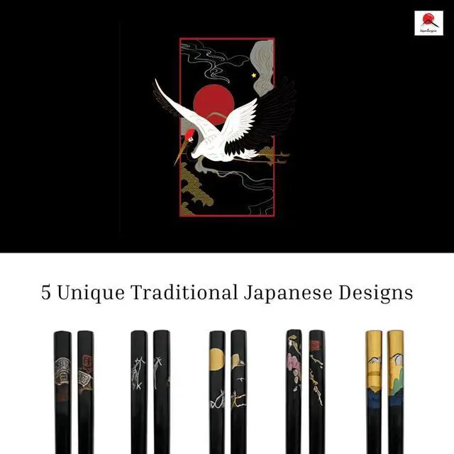 Alt view image 2 of 5 - Bamboo Chopsticks Set, Japanese Reusable Wooden Chopsticks with Traditional Pattern Designs, Non Slip Tips Dishwasher Safe Asian Chopsticks for Sushi Ramen Noodles Rice Dining (1, Black)