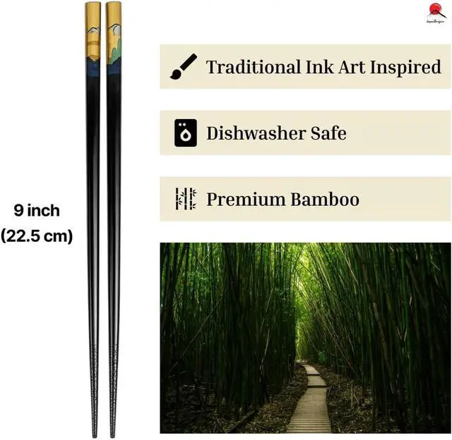 Alt view image 4 of 5 - Bamboo Chopsticks Set, Japanese Reusable Wooden Chopsticks with Traditional Pattern Designs, Non Slip Tips Dishwasher Safe Asian Chopsticks for Sushi Ramen Noodles Rice Dining (1, Black)