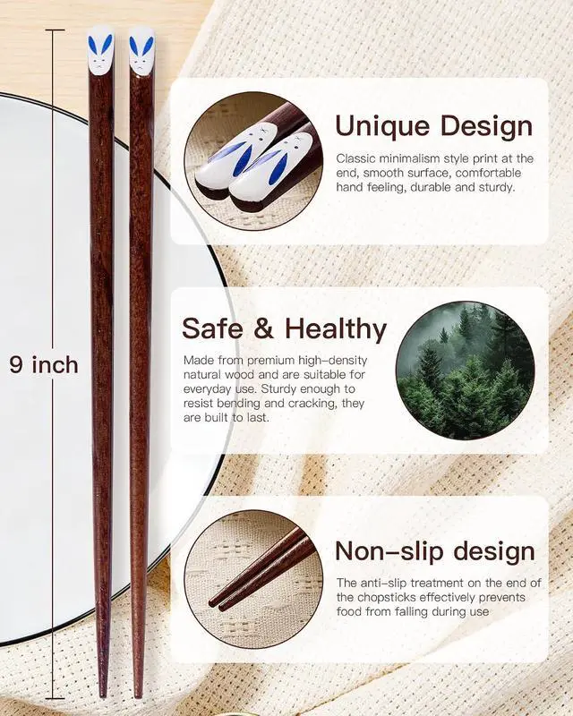 Alt view image 2 of 7 - Devot 5 Pairs Natural Wooden Reusable 9 Inch Non-Slip Chopsticks | Chopsticks with Food-Grade Lacquer Finish For Cooking Eating, Sushi, Noodles, Rice | Classic Style Chopsticks Gift Set