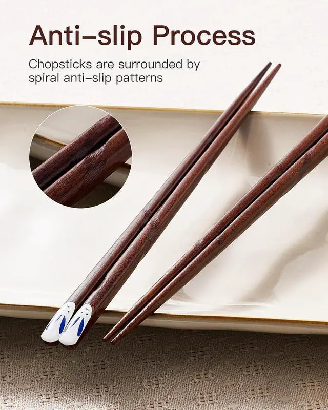 Alt view image 3 of 7 - Devot 5 Pairs Natural Wooden Reusable 9 Inch Non-Slip Chopsticks | Chopsticks with Food-Grade Lacquer Finish For Cooking Eating, Sushi, Noodles, Rice | Classic Style Chopsticks Gift Set