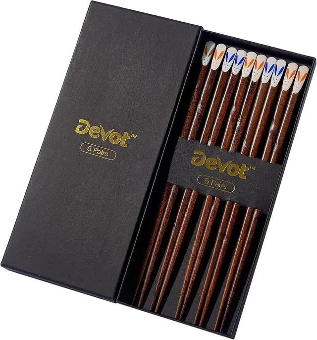 Main image of Devot 5 Pairs Natural Wooden Reusable 9 Inch Non-Slip Chopsticks | Chopsticks with Food-Grade Lacquer Finish For Cooking Eating, Sushi, Noodles, Rice | Classic Style Chopsticks Gift Set