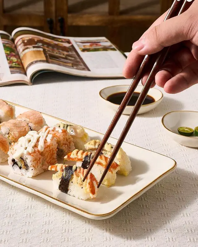 Alt view image 5 of 7 - Devot 5 Pairs Natural Wooden Reusable 9 Inch Non-Slip Chopsticks | Chopsticks with Food-Grade Lacquer Finish For Cooking Eating, Sushi, Noodles, Rice | Classic Style Chopsticks Gift Set